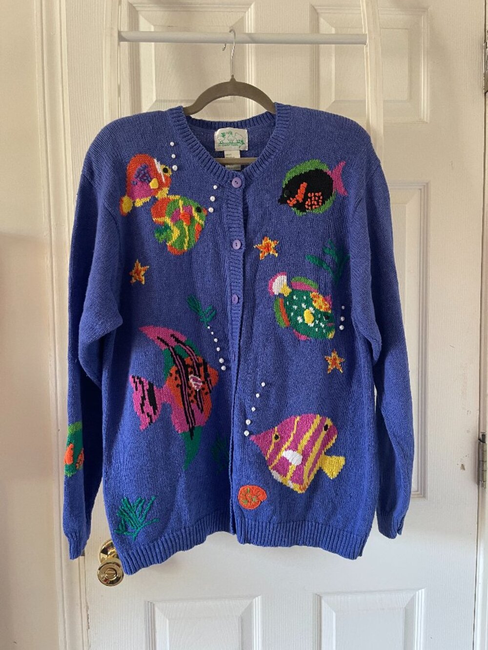 Vtg Quacker Factory Fish Tropical Ocean Cardigan Sweater Beaded Pearl Blue L
